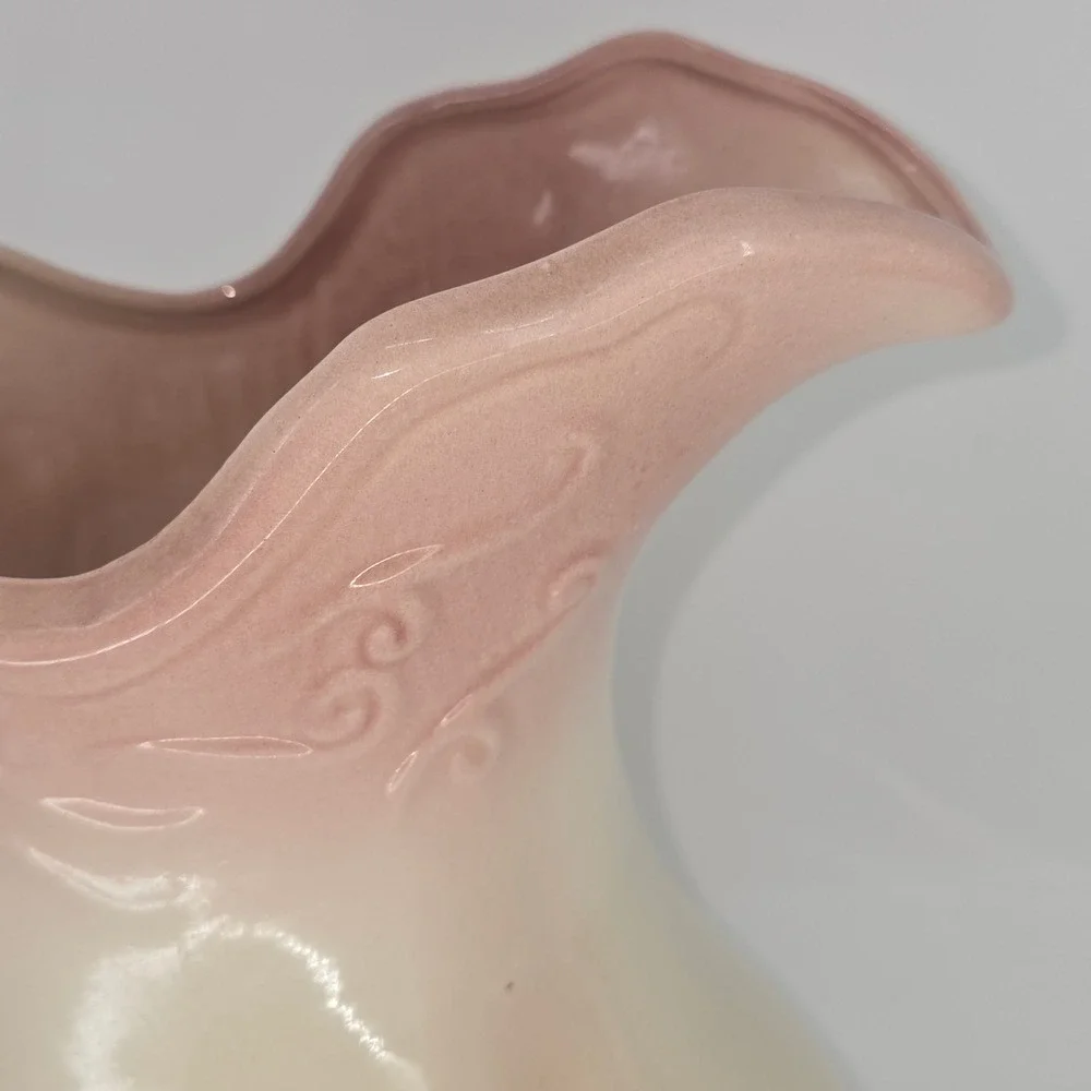 Vintage Pink Cream Floral Ceramic Pitcher Vase Ornate Scalloped Victorian Style